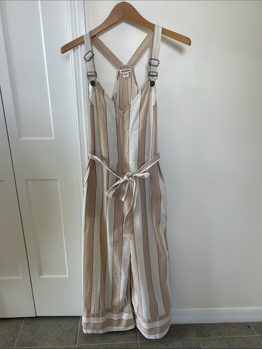 Billabong Beige and White Striped Linen Jumpsuit